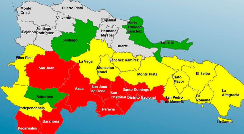 Alerta roja para 08 provincias y el Distrito Nacional y mantiene 11 en amarilla y 04 en verde